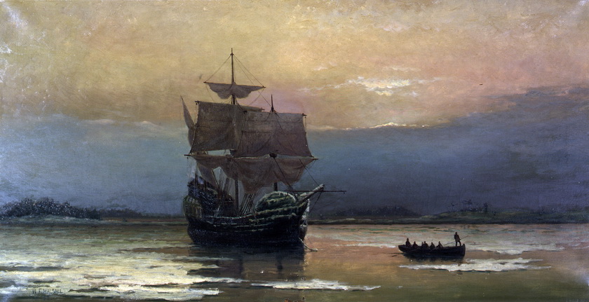 Mayflower_in_Plymouth_Harbor,_by_William_Halsall_调整大小